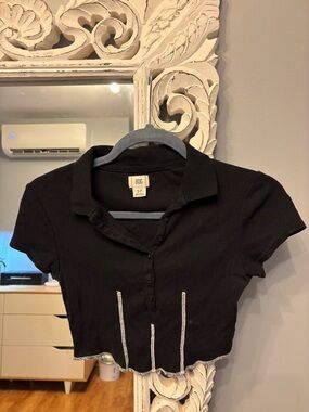 BDG Black Ribbed Short-Sleeve Cropped Polo with Contrast Trim